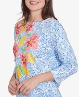 Ruby Rd. Petite Medallion Bold Floral Three Quarter Sleeve T-Shirt