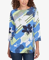 Ruby Rd. Petite Diagonal Striped Floral Three Quarter Sleeve Top