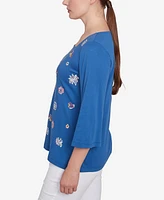 Ruby Rd. Petite Embroidered Scattered Floral Three Quarter Sleeve T-Shirt