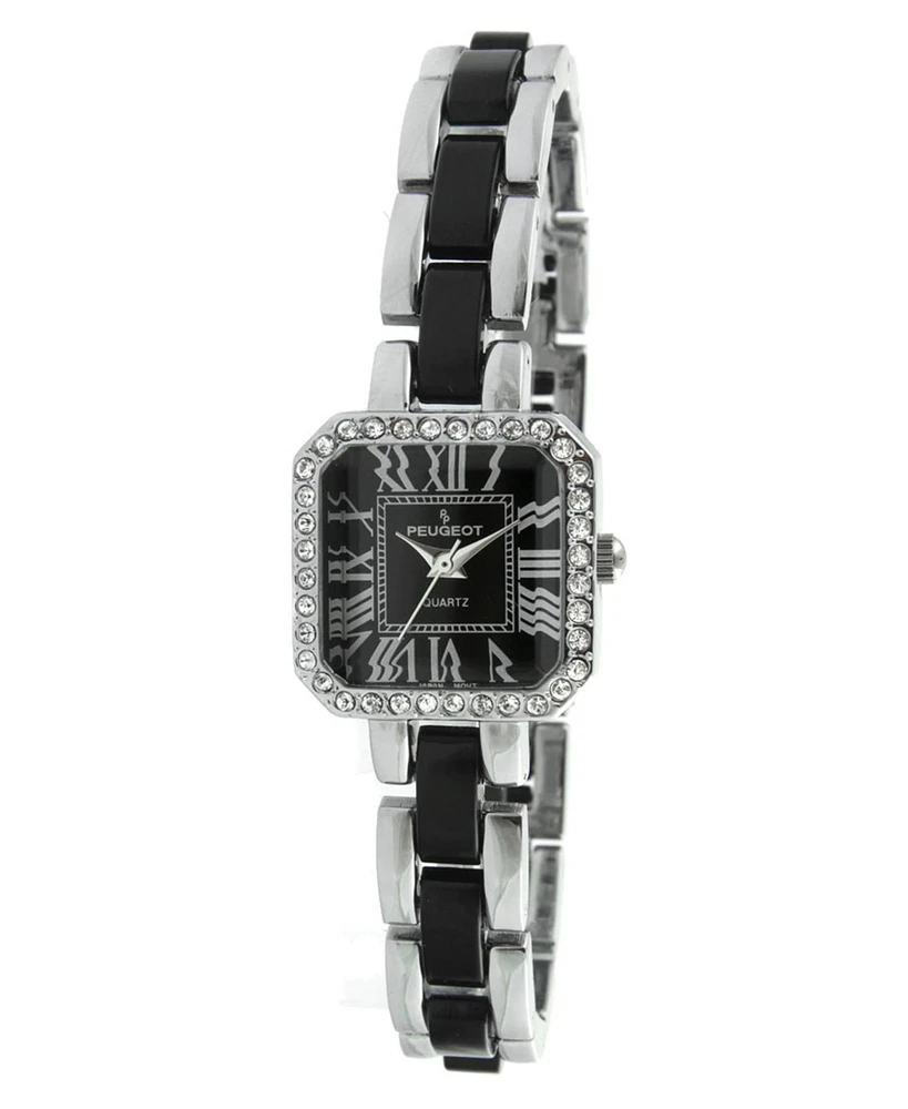 Peugeot Womens Crystal Accented Square Silver-Tone Acrylic Link Watch