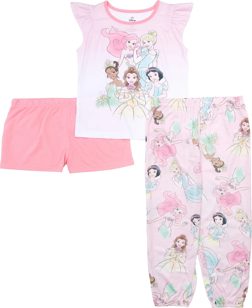 Disney Princess Big Girls Short Sleeve, Shorts, and Jogger Bottoms, 3-Piece Pajama Set