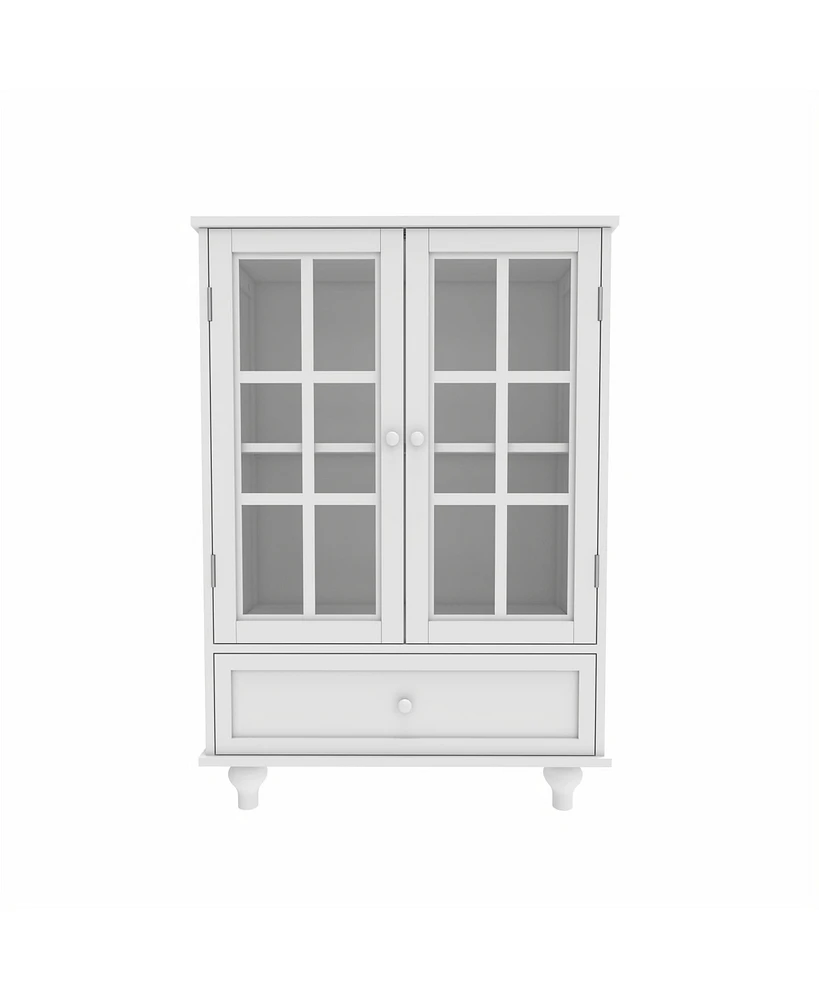 Boyel Living Minimalist White Buffet Cabinet with Double Glass Doors and Drawer, Modern Wooden Storage Sideboard Cupboard for Living room, Dining Room