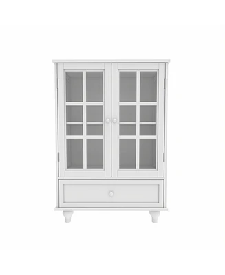 Boyel Living Minimalist White Buffet Cabinet with Double Glass Doors and Drawer, Modern Wooden Storage Sideboard Cupboard for Living room, Dining Room