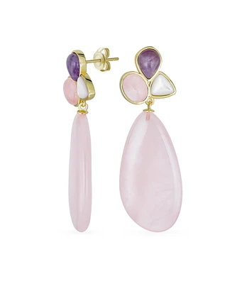 Bling Jewelry Fashion Multi Color Wire Wrap Large Oval Pear Shape Natural Stone Teardrop Drop Earrings Gold Plated
