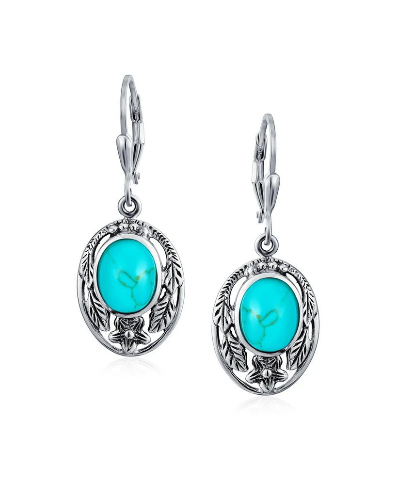 Bling Jewelry Oval Flower Leaf Carved Blue Synthetic Lapis Lazuli Lever back Earrings Oxidized Sterling Silver