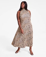 Bar Iii Trendy Plus Cheetah-Print Mock Neck Sleeveless Dress, Exclusively at Macy's