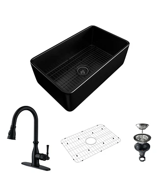 Boyel Living 30-Inch Farmhouse Apron Front Fireclay Single Sink with Drain Grid and Kitchen Faucet