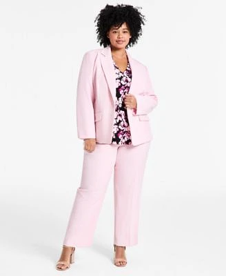 Kasper Plus Size Stretch Crepe One Button Blazer Floral Top Straight Leg Pants