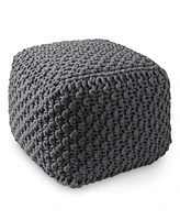 Casafield Square Pouf Ottoman, Navy Blue - 18.5" W x D 14.5" H Cotton Knit Foot Stool Boho Floor Pouffe for Living Room