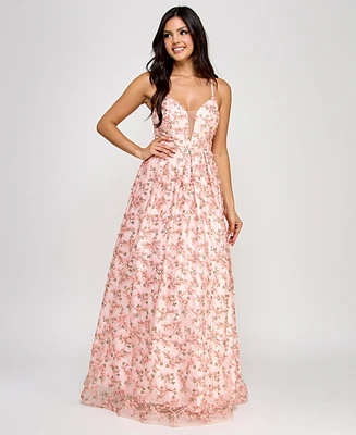 Bcx Juniors' 3D Floral Deep V-Neck Open-Back Gown, Created for Macy's