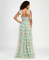 B Darlin Juniors' Floral Ruffle-Tiered Tie-Shoulder Gown