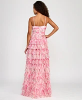 B Darlin Juniors' Floral Ruffle-Tiered Straight-Neck Gown, Created for Macy's