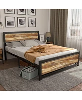 Slickblue Industrial Platform Bed Frame with Wood Panel Headboard Footboard