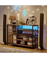 gaomon Wine Bar Cabinet, Industrial Bar Cabinets with Led Lights & Power Outlets Liquor Cabinet with Mesh Door and Cup Hooks Coffee Bar Cabinet for Ki