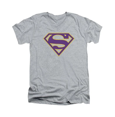 Superman Men's Purple & Gold Shield Short Sleeve Adult V Neck Tee / T-Shirt