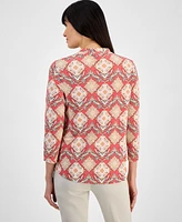 Jm Collection Petite Adrianna Azulejos V-Neck Top, Exclusively at Macy's