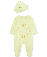 Little Me Baby Cotton Chick Footed Coverall & Hat, 2 Piece Set