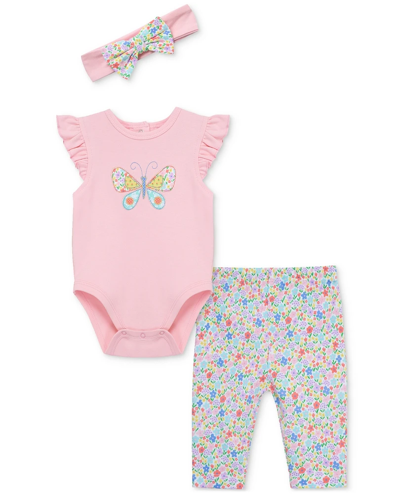 Little Me Baby Girls Cotton Butterfly Bodysuit, Leggings & Headband, 3 Piece Set