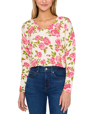 CeCe Women's Island Bloom Printed V-Neck Sweater