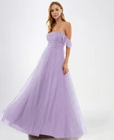 City Studios Juniors' Off-The-Shoulder Glitter Ball Gown