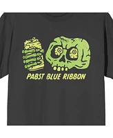 Pabst Blue Ribbon Men's Halloween Skull With Beer Crew Neck Short Sleeve Charcoal T-shirt-Small