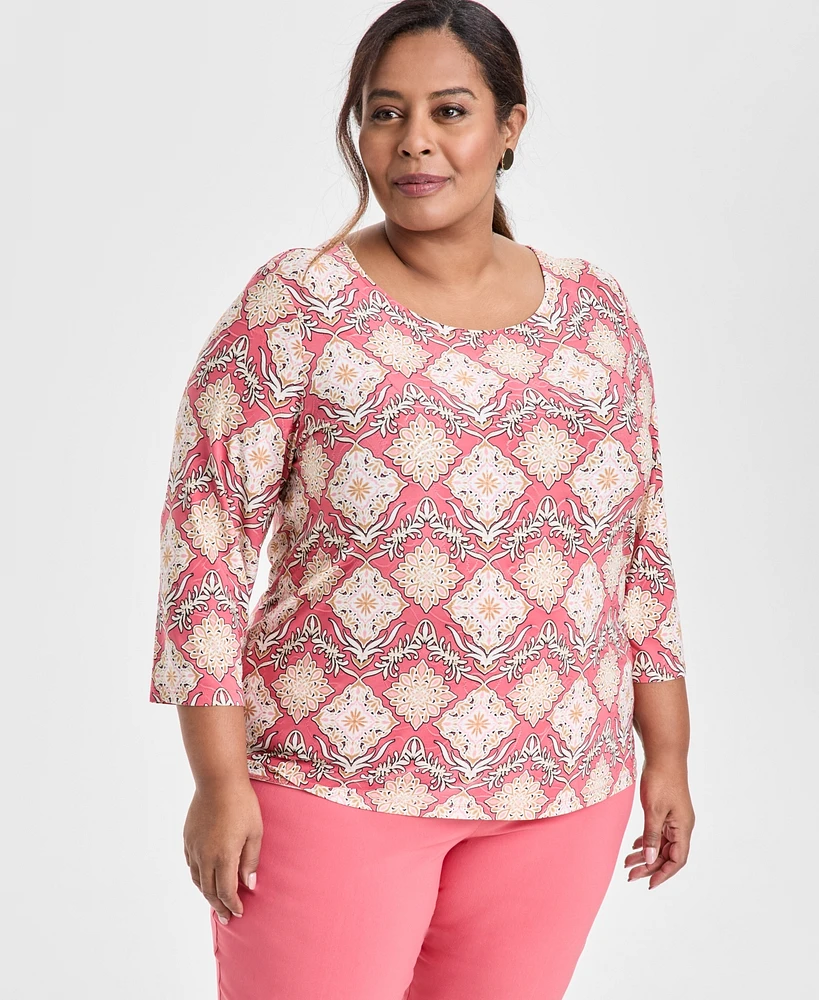 Jm Collection Plus Jacquard Printed 3/4-Sleeve Top