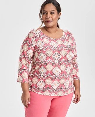 Jm Collection Plus Jacquard Printed 3/4-Sleeve Top