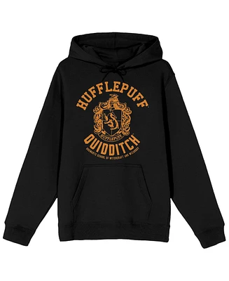 Harry Potter Men's Hufflepuff Quidditch Crest Long Sleeve Black Adult Hooded Sweatshirt-Small