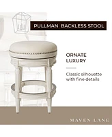 Maven Lane Pullman Backless Counter Stool in White Oak Finish w/ Natural Color Fabric Upholstery, Set of 2