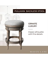 Maven Lane Pullman Backless Counter Stool in Reclaimed Oak Finish with Ash Grey Fabric Upholstery, Set of 3