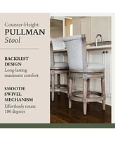 Maven Lane Pullman Counter Stool in Reclaimed Oak Finish with Ash Grey Fabric Upholstery, Set of 4
