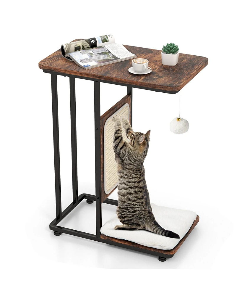 Gymax Cat Tree & C- Shaped Cat Side Table w/ Scratching Board Hanging Toy Rustic