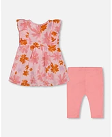 Deux par Baby Girls Printed Tunic And Solid Leggings Set Pink Coral Flowers