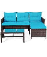 Gymax 3PCS Outdoor Rattan Furniture Set Patio Couch Sofa Set w/ Turquoise Cushion