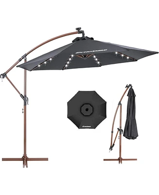 EchoSmile 10ft Solar Offset Patio Umbrella With 8 Ribs and 32 Led Lights Cantilever Hanging Outdoor Umbrella Crank w/easy Tilt Adjustment & Uv Protect