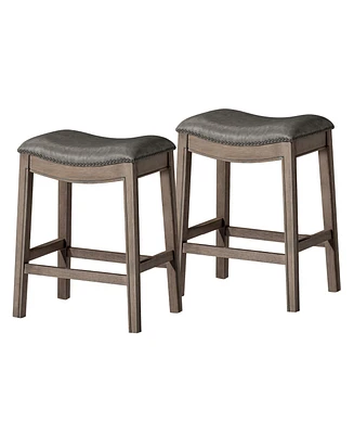 Maven Lane Adrien Counter Stool, Reclaimed Oak, Ronan Stone Leather, Set of 2