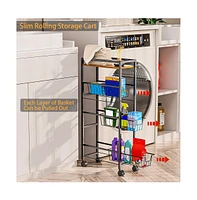 gaomon Slim Storage Cart, 4 Tier Slim Rolling Storage Cart With Wheels & Wood Top, Narrow Sliding Storage Laundry Cart With 3 Pull-Out Baskets For Kit
