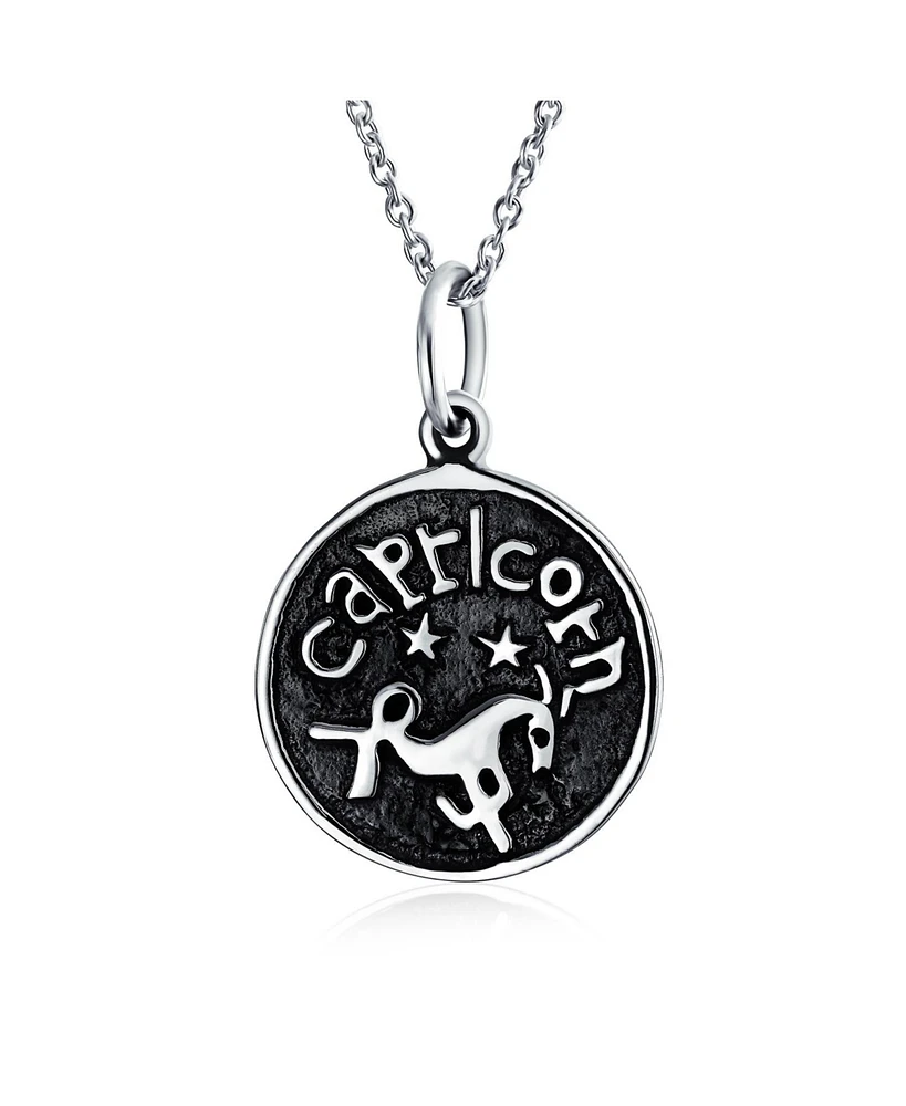 Bling Jewelry Capricorn Zodiac Sign Astrology Horoscope Round Medallion Pendant For Men Women Necklace Antiqued Sterling Silver