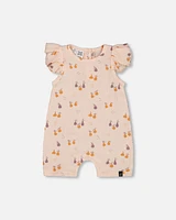 Deux par Baby Girls Printed Muslin One Piece Romper Peach With Pears