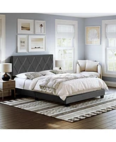Boyd Sleep Rhombus Upholstered Platform Bed with Headboard, Mattress Foundation Strong 4 Wood Slat Supports