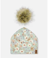 Deux par Deux Baby Girls Printed Jersey Detachable Pompom Hat Small White Flowers On Turquoise And Lilac