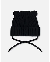 Deux par Baby Unisex Knit Hat With Strings Black - Infant