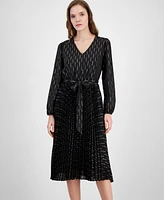 T Tahari Women's Printed Tie-Waist Pleated Midi Dress