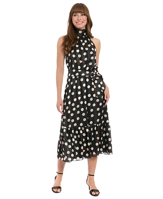 London Times Women's Petite Heart Print Halter Midi Dress