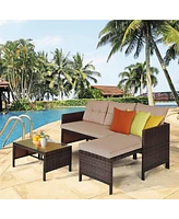 Gymax 3PCS Outdoor Rattan Furniture Set Patio Couch Sofa Set w/ Coffee Table