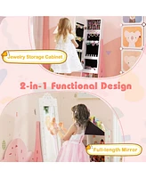 Gouun Kids Jewelry Cabinet with Full-Length Mirror and Foldable Drawer