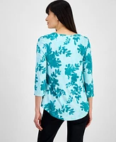 Jm Collection Women's Printed Scoop-Neck 3/4-Sleeve Top, Exclusively at Macy's