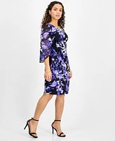 Connected Petite Floral-Print Cape-Sleeve Faux-Wrap Dress