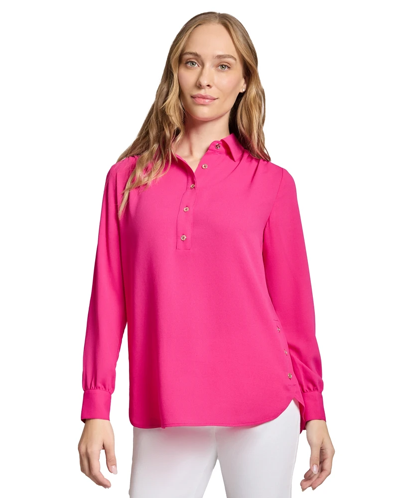 Long Sleeve Shirttail Side Button Popover Tunic