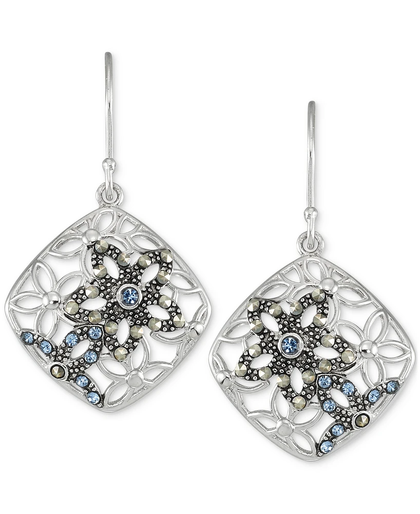 Marcasite & Crystal Flower Filigree Drop Earrings in Sterling Silver